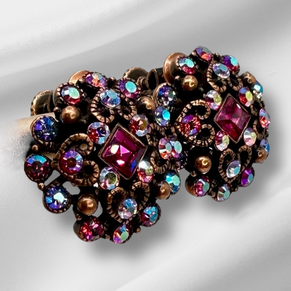 Vintage Joan Rivers Jewel Tone Rhinestone Earrings Pink Lavender & AB Screw Back